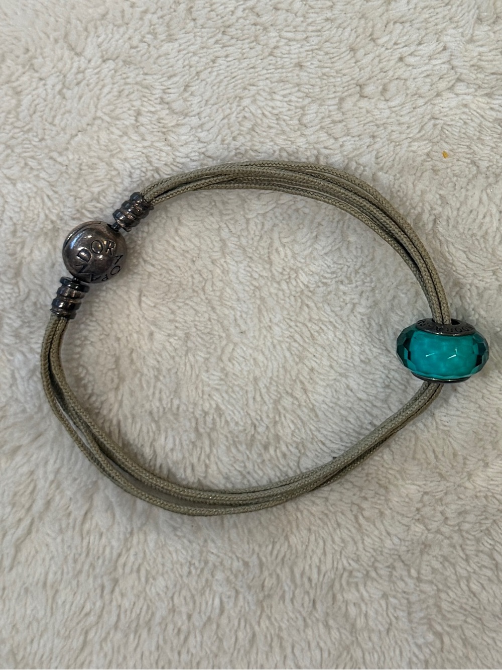 Pandora Olive Green Cord with Sterling Silver clasp with PandoraTeal Glass Charm